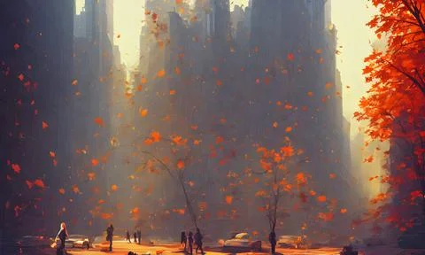 Hyper-realistic illustration of a beautiful park in autumn on a sunny day Ilustração Stock