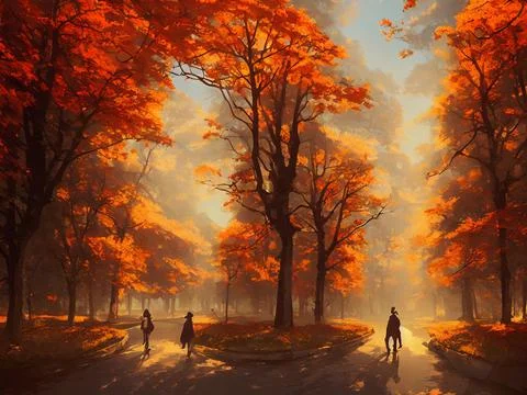 Hyper-realistic illustration of a beautiful park in autumn on a sunny day Ilustração Stock