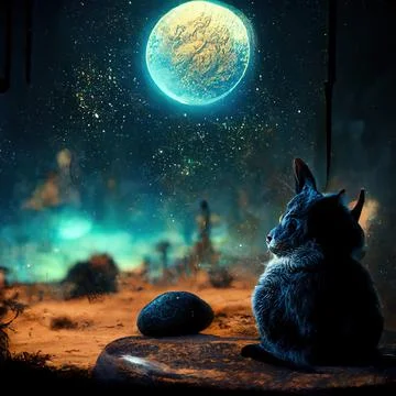 Hyper-realistic illustration of a black cat sitting near a rock while staring at Stock Illustration