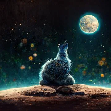 Hyper-realistic illustration of a black cat sitting on a rock while staring at t Stock Illustration
