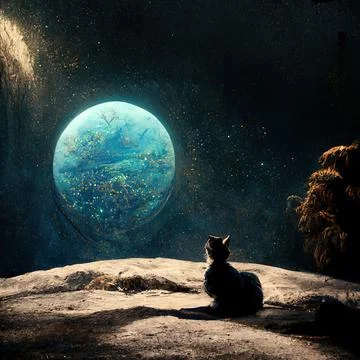 Hyper-realistic illustration of a black cat sitting on a rock while staring at t Stock Illustration