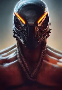 Hyper realistic illustration of a fantasy alien in an electronic helmet, ready f Stock Illustration