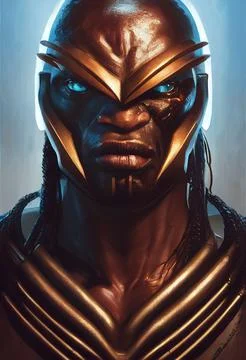 Hyper realistic illustration of a fantasy alien with blue eyes and plate armor, Stock Illustration