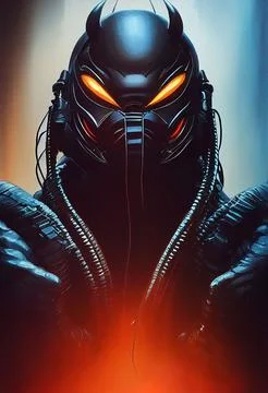 Hyper realistic illustration of a fantasy alien with glowing eyes ready for batt Stock Illustration