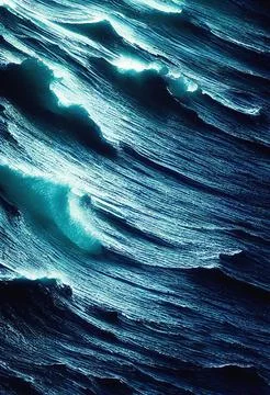 Hyper-realistic illustration of foamy ocean waves rolling and crashing at night Illustrazione stock