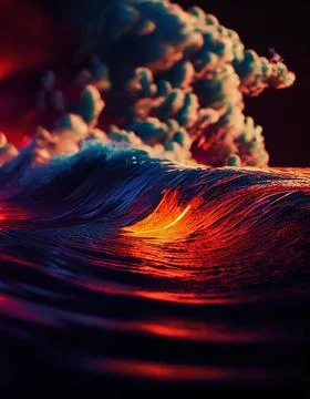 Hyper-realistic illustration of foamy ocean waves rolling and crashing at night Illustrazione stock