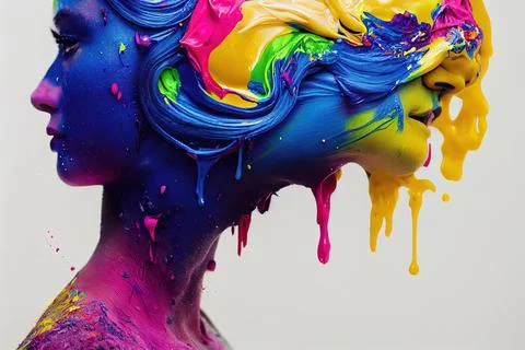 Hyper-realistic illustration of a multicolor gooey paint sculpture of people fac Stock Illustration