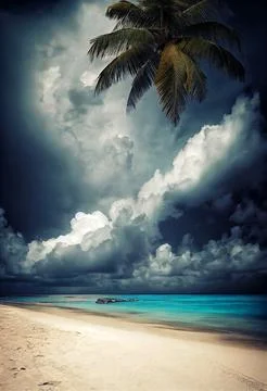 Hyper-realistic illustration of a palm tree on the beach with dramatic clouds in Stock Illustration