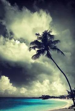 Hyper-realistic illustration of a palm tree on the beach with dramatic clouds in Stock Illustration