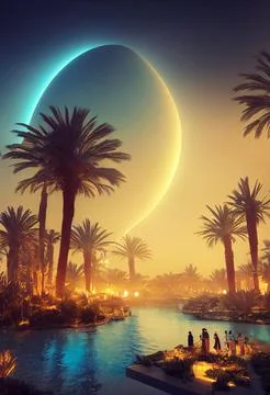 Hyper-realistic illustration of a pool surrounded by beautiful palm trees Stock Illustration