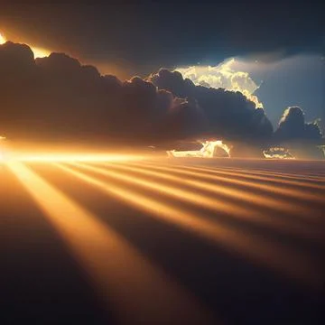 Hyper realistic illustration of the sun rays peeking through the floating clouds Stock Illustration