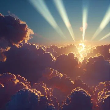 Hyper realistic illustration of sun rays peeking through the floating clouds in Stock Illustration