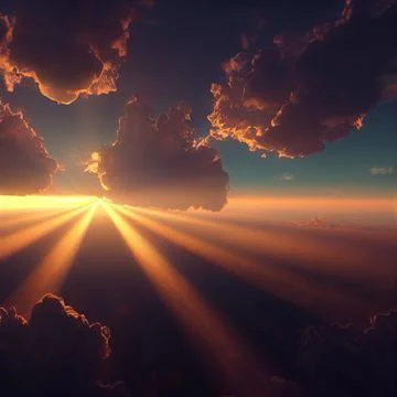 Hyper realistic illustration of sun rays peeking through the floating clouds in Stock Illustration