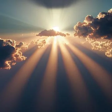 Hyper realistic illustration of sun rays peeking through the floating clouds in Stock Illustration