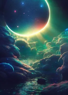 Hyper-realistic illustration of an underground pond with stones and the Moon shi Ilustração Stock