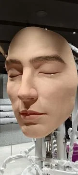 Hyper-realistic robotic head with closed eyes, detailed eyelashes Stock Photos