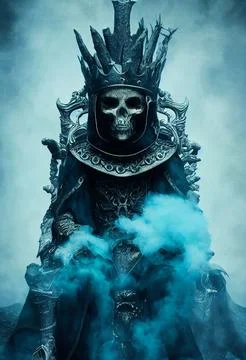 Hyper-realistic shot of a skeleton king sitting on a throne surrounded by smoke Illustrazione stock