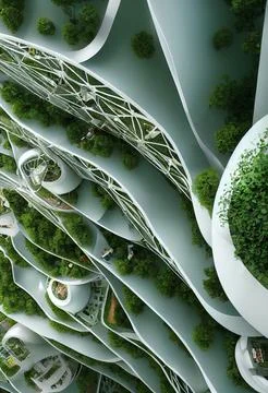 Hyper realistic vertical 3d illustration of a futuristic city with trees and bus Ilustración de archivo