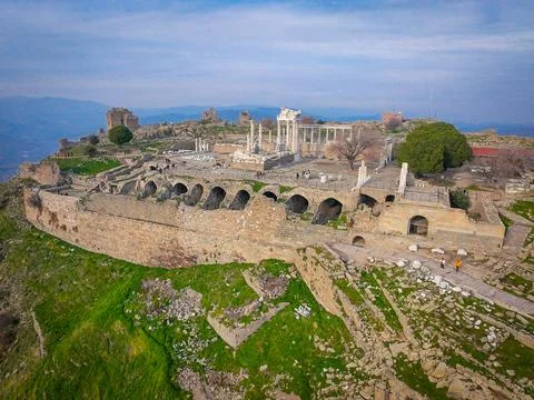 Hyper-Sharp Drone Capture of Attalid Cryptoporticus Acropolis in Pergamon Stock Photos