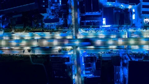 Hyper Time Lapse of Aerial View of Busy Highway Road Junctions at Night Stock Footage 103449836