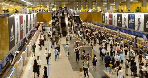 Hyper time lapse of busy Taipei Rapid Transit train station in Taiwan Stock Footage 92588778