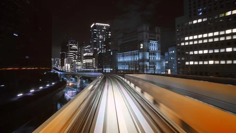 Hyper time lapse of a Train moving, futuristic neon city. Cyber punk theme. Видео 124264116