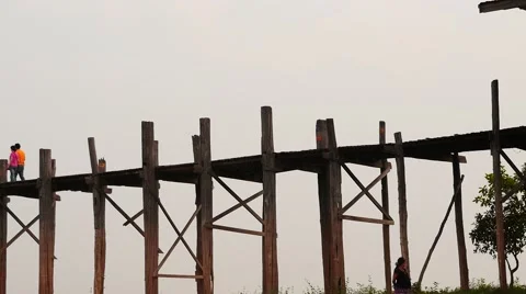 Hyper time lapse  on U Bein bridge in Myanmar people motion Stock Footage 61205627