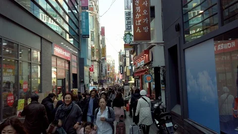 Hyper-timelapse video of camera moving by the Myeong-dong market street. Stock Footage 124365356