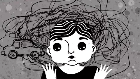 Hyperactive child with attention deficit seeing toys in a tangle of thoughts Stock Footage 342377348