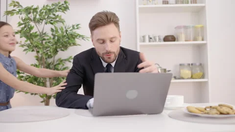 Hyperactive child disturbing working dad during online meeting at home, behavior Stock Footage 150147689