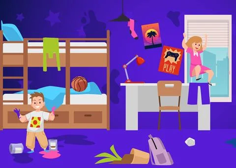 Hyperactive naughty children make a mess and get dirty their room flat vector. Stock Illustration