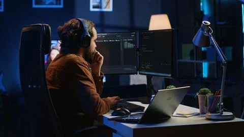 Hyperactive software developer suffering from adhd affliction, writing code Stock Photos