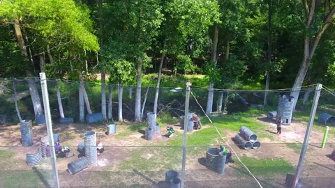 Hyperball paintball drone footage from Hell Survivors paintball field Stock Footage 195881425