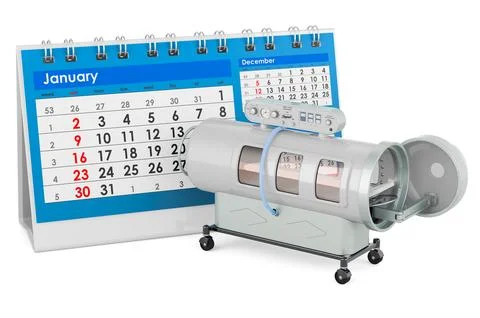 Hyperbaric chamber with desk calendar, 3D rendering Stock Illustration