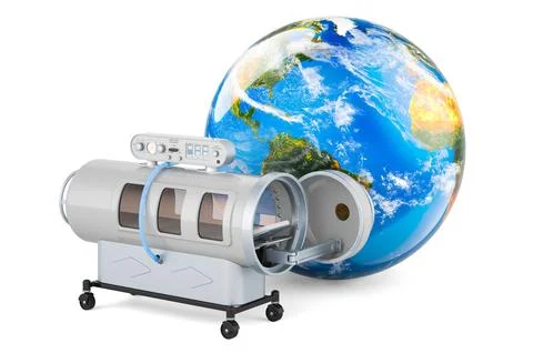 Hyperbaric chamber with Earth Globe, 3D rendering Stock Illustration