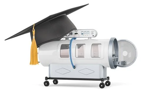 Hyperbaric chamber with graduation cap. 3D rendering Stock Illustration