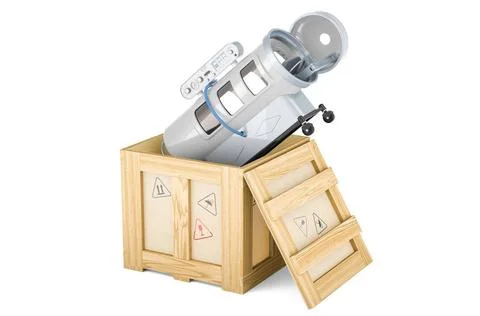 Hyperbaric chamber inside wooden box, delivery concept. 3D rendering Hyper... Stock Photos