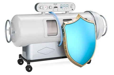 Hyperbaric chamber with shield, 3D rendering Stock Illustration