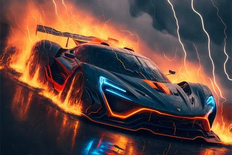 Hypercar fire lightning neon background generated ai Illustrazione stock