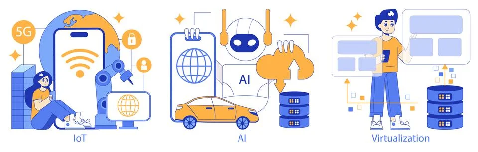 Hyperconnectivity set. Showcasing IoT, AI advancements, and virtualization Illustrazione stock