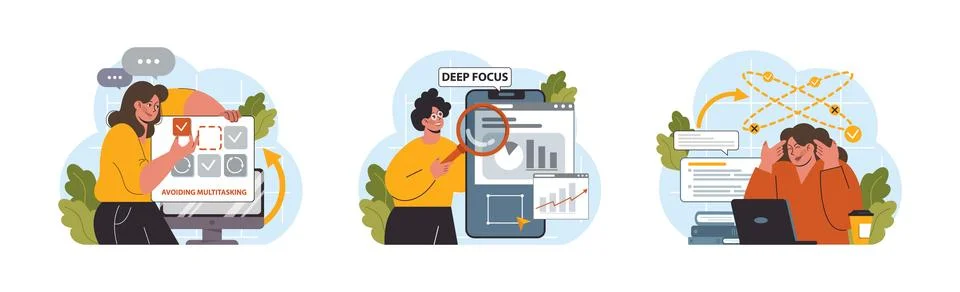 Hyperfocus set. Focus and concentration skill. Self-discipline and time イラスト素材
