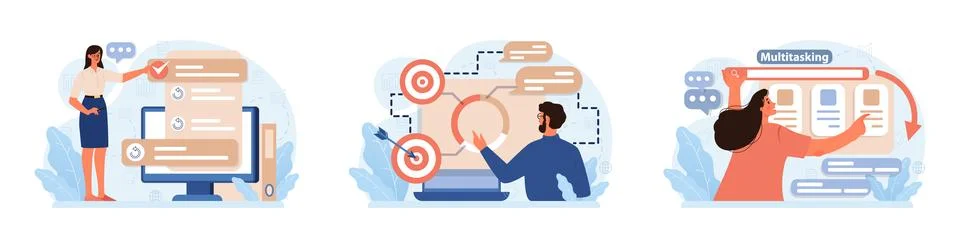 Hyperfocus set. Focus and concentration skill. Self-discipline and time イラスト素材