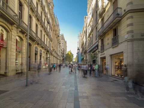 Hyperlapse across the d'Angel street with people traffic in Barcelona, Spain. Stock Footage