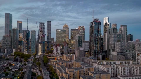 Hyperlapse aerial day to night view of the financial district Canary Wharf Stock Footage 267600029