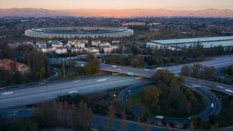 Hyperlapse aerial view of Apple Park, Silicon Valley, at sunset. Cupertino, USA Stock Footage 100695402