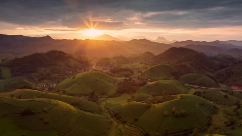 Hyperlapse aerial view of drone flying over Long Coc tea hill, Vietnam Stock Footage 286776153