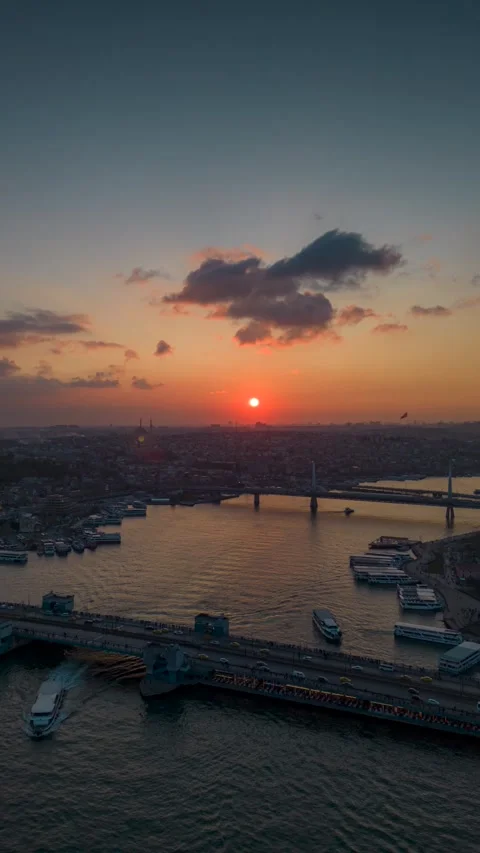 Hyperlapse of an aerial view of the Galata Bridge cityscape at sunset. Cityscape Stock Footage 279931698
