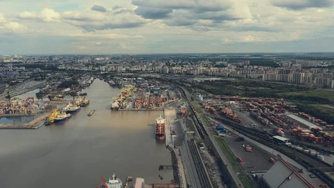 Hyperlapse aerial view of large modern sea trading port Stock Footage 113191107