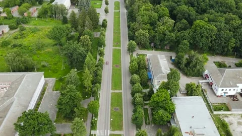 Hyperlapse Aerial view of Main Street With Park of Village Stavishche in Ukraine Stock Footage 163093947