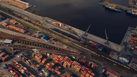 Hyperlapse aerial view of a modern working seaport accepts and sends cargo Stock Footage 113191062